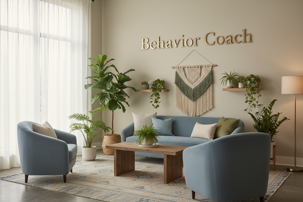 Living room with blue sofa, armchairs, and decorative elements with 'Behavior Coach' sign.