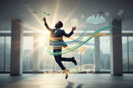 Man in a suit jumping with colorful swirls and 'The Quick Fix' text in an office setting